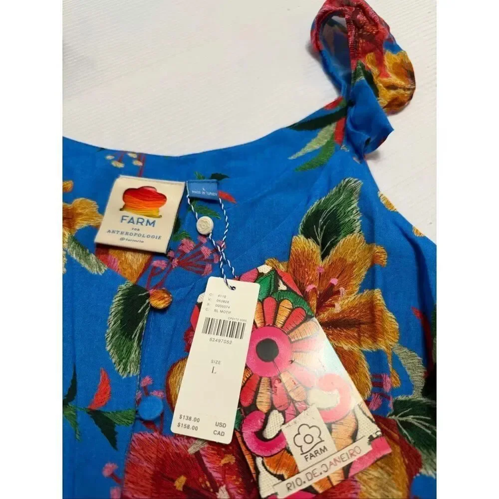 NWT Anthropologie Farm Rio Ruffled Blue Floral Blouse Tank Sleeveless Size Large
